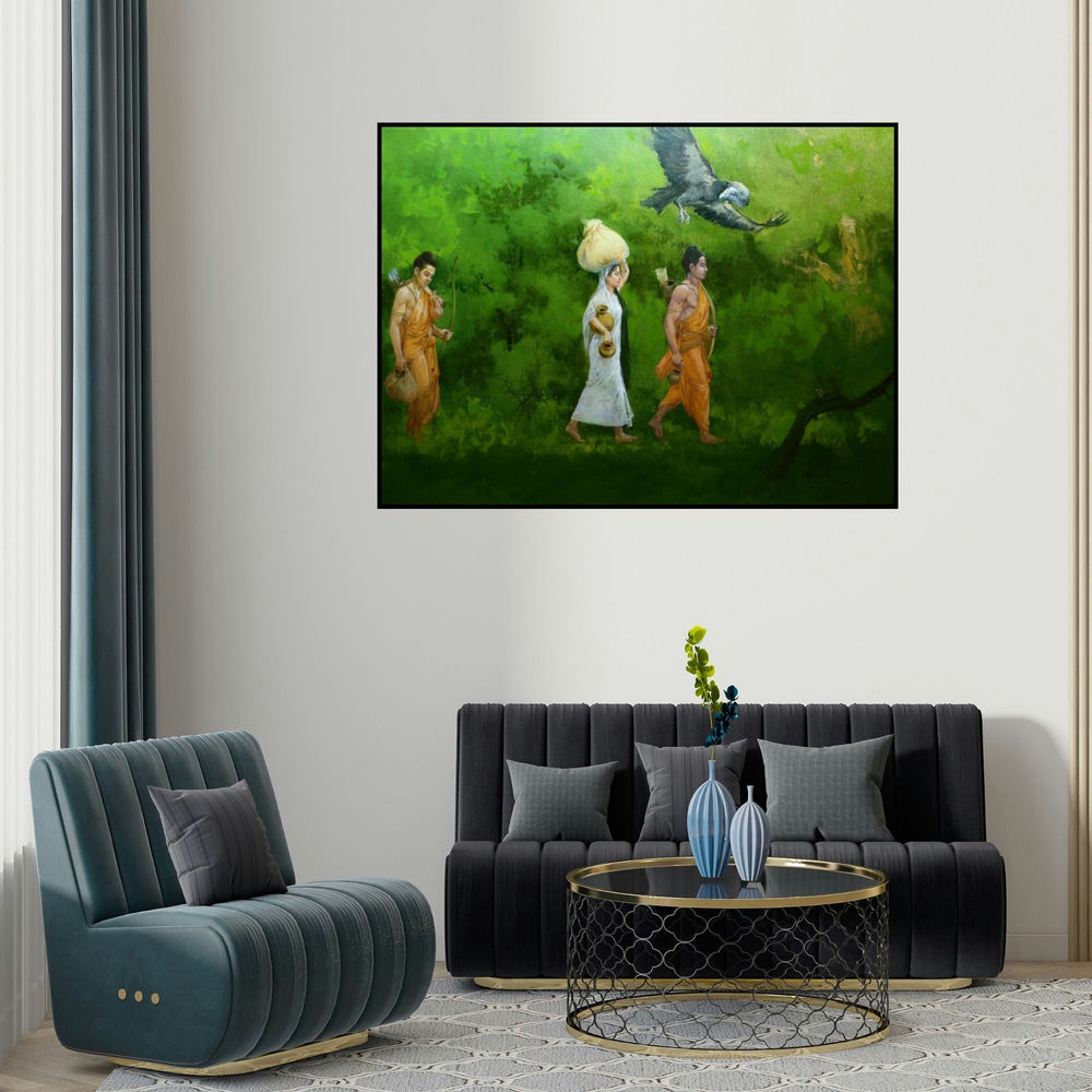 'Ram Vanvas (Exile in the Forest)' painting by Vasudeo Kamath shown on a wall in a furnished room.