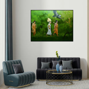 'Ram Vanvas (Exile in the Forest)' painting by Vasudeo Kamath shown on a wall in a furnished room.