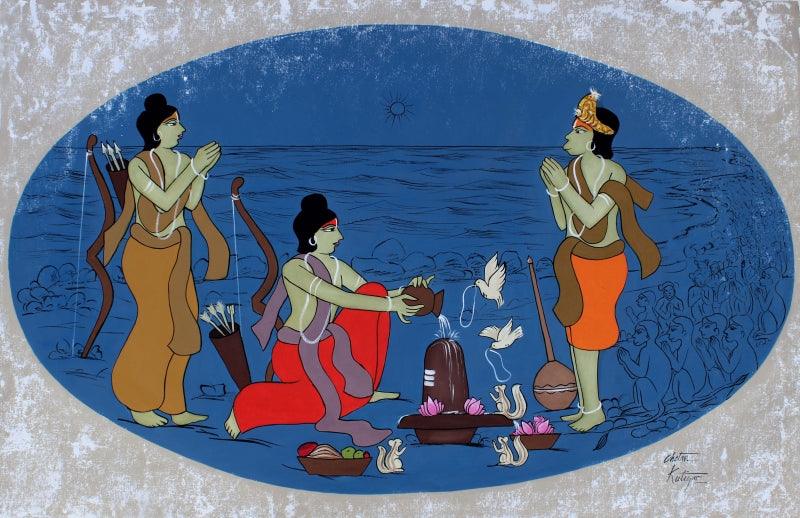 contemporary acrylic painting titled 'Ram Worshipping Lord Shiva', 34x52 inches, by artist Chetan Katigar on Canvas