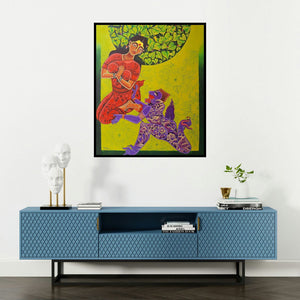 Ramana Peram's 'Ramayana Series 2 (Divine Encounter)' painting visualized above a sofa in a contemporary room.