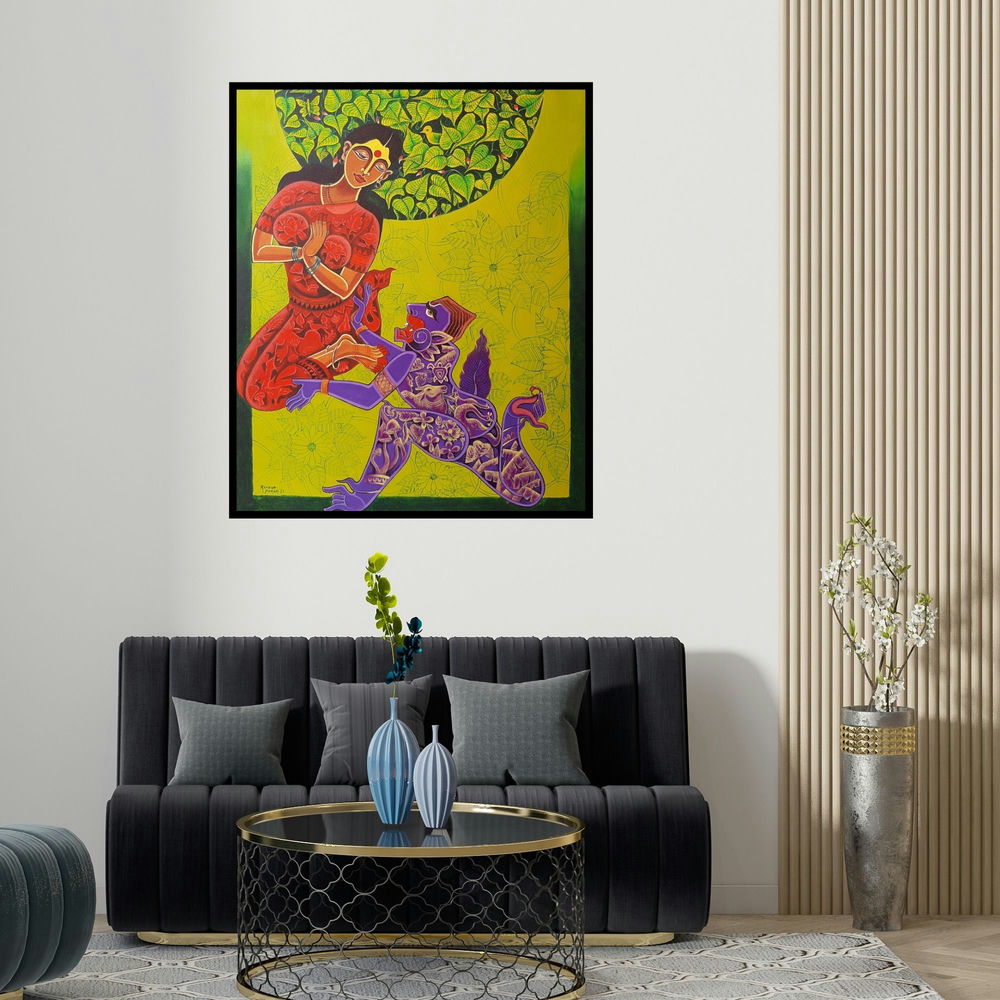 'Ramayana Series 2 (Divine Encounter)' painting by Ramana Peram shown on a wall in a furnished room.