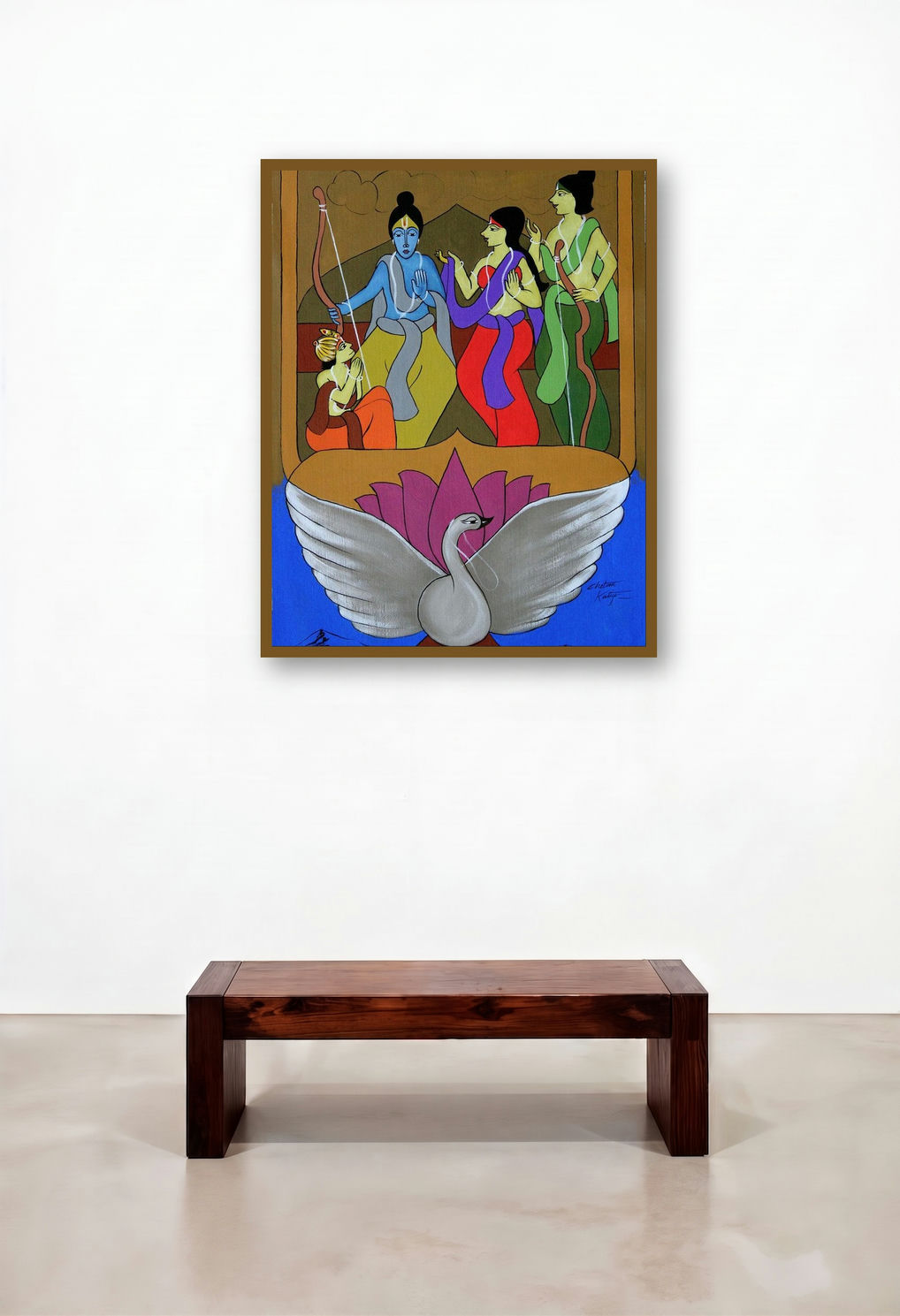 Ramchandra On Pushpak Viman (Return to Ayodhya) by artist Chetan Katigar displayed in a Urban Loft Bedroom