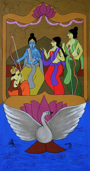 Ramchandra On Pushpak Viman (Return to Ayodhya) by Chetan Katigar, Original Acrylic Religious Painting on Canvas, Medium Vertical Wall Art