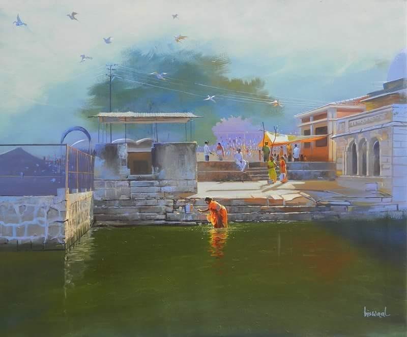 Cityscape acrylic painting titled 'Ramtek', 30x36 inches, by artist Bijay Biswaal on Canvas