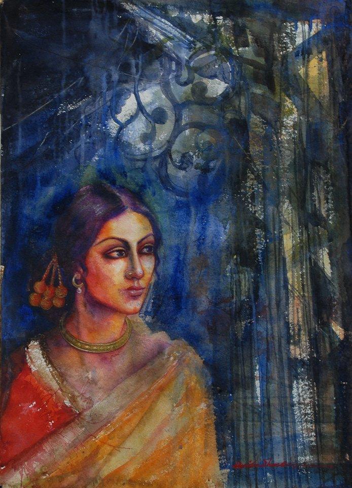 Figurative watercolor painting titled 'Rani', 28x22 inches, by artist Harisadhan Dey on Paper