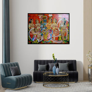 Preview of 'Rasaleela' Painting by Narayanankutty Kasthuril shown on a wall in a furnished room.