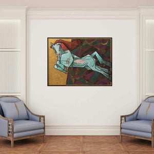 'Waltzing Horse (Celestial Steed**)' painting by Dinkar Jadhav shown on a wall in a furnished room.
