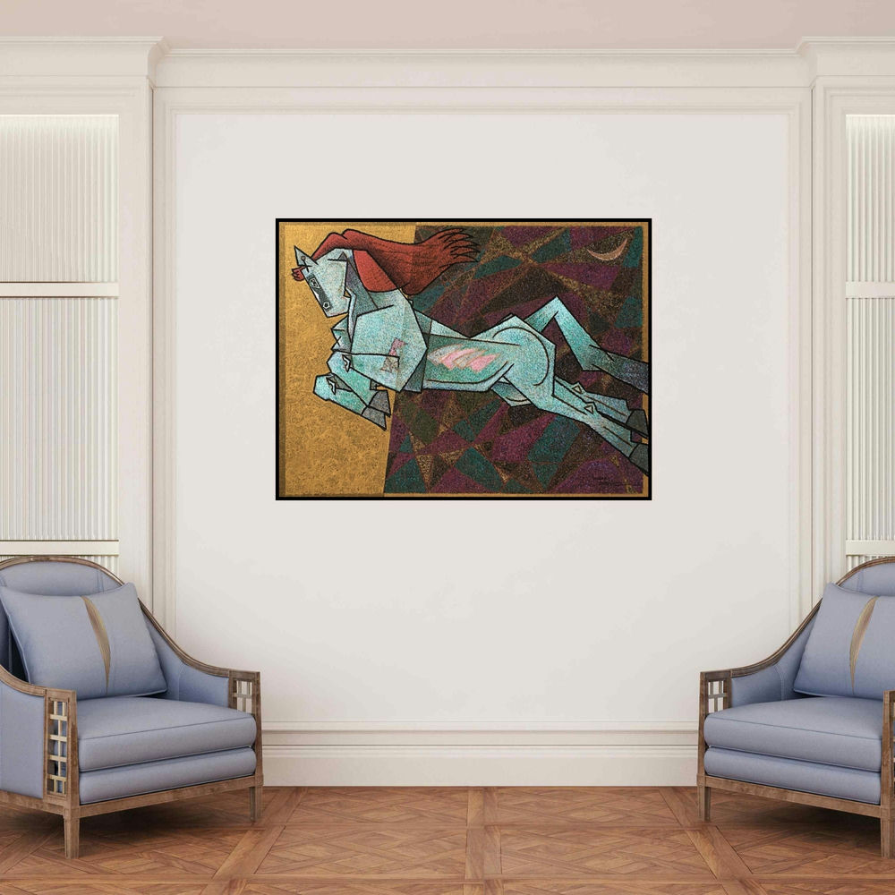 'Waltzing Horse (Celestial Steed**)' painting by Dinkar Jadhav shown on a wall in a furnished room.