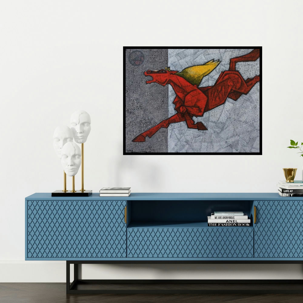 'Rasing Horse' painting by Dinkar Jadhav shown on a wall in a furnished room.