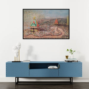 Preview of 'Rathyatra (Journey of the Divine)' Painting by Amol Satre shown on a wall in a furnished room.