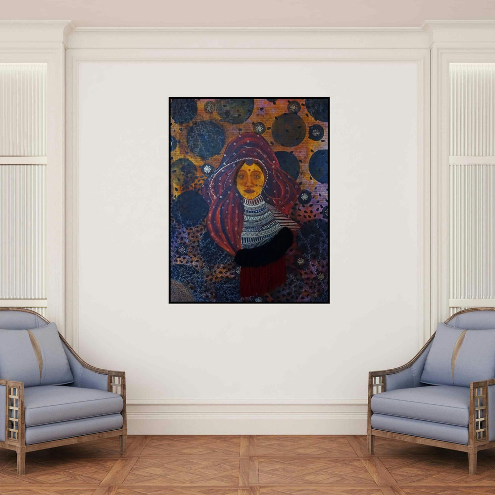 'Village Woman'S Serenity (The Veiled Woman)' painting by Anissha Deshpande shown on a wall in a furnished room.