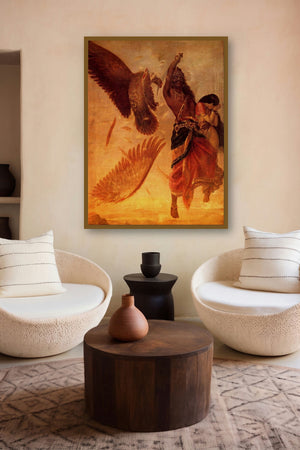 Ravana Abducting Sita (Abduction of Sita) by artist Raja Ravi Varma displayed in a Minimalist gallery