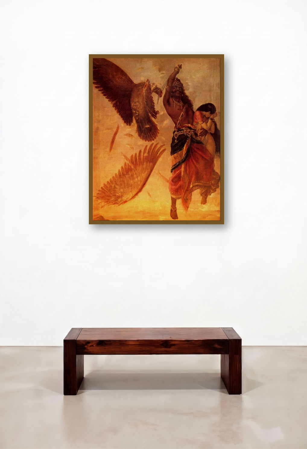 Ravana Abducting Sita (Abduction of Sita) by artist Raja Ravi Varma displayed in a Traditional Lounge