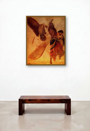 Ravana Abducting Sita (Abduction of Sita) by artist Raja Ravi Varma displayed in a Traditional Lounge