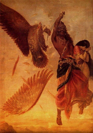 Ravana Abducting Sita (Abduction of Sita) by Raja Ravi Varma, Print Oil Figurative Painting on Canvas, X-Small Vertical Wall Art