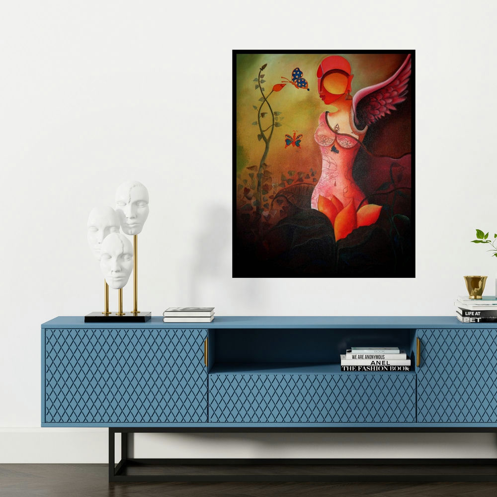 'Raving Beauty' painting by Anupam Pal shown on a wall in a furnished room.