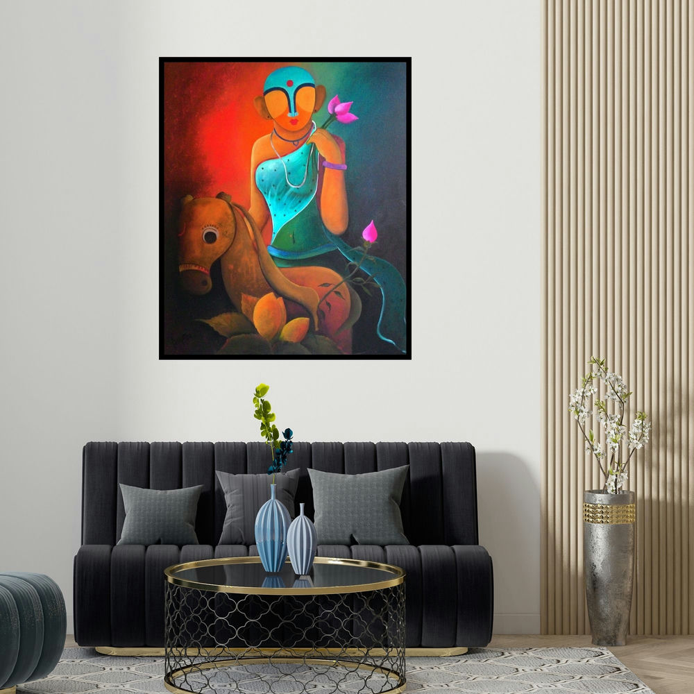 'Raving Beauty2' painting by Anupam Pal shown on a wall in a furnished room.