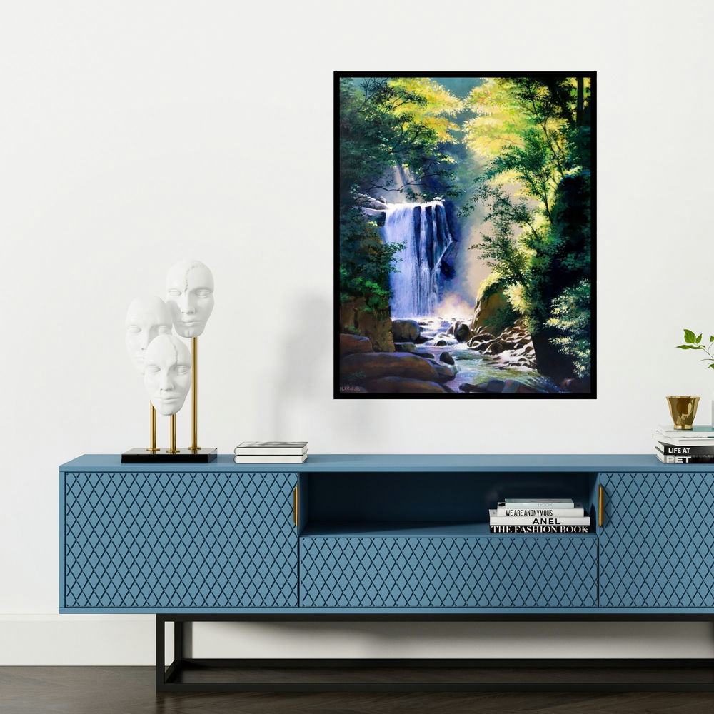 'Rays Of Hope (Sunlit Serenity)' painting by Nitin Kitukale shown on a wall in a furnished room.