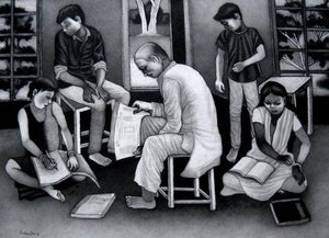 Figurative mixed media painting titled 'Reading', 31x39 inches, by artist Kalipada Purkait on Paper