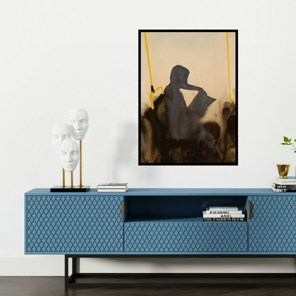 'Reading Book In Bus (Lost in a Book: A Figurative Composition)' painting by Manish Sutar shown on a wall in a furnished room.