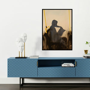 'Reading Book In Bus (Lost in a Book: A Figurative Composition)' painting by Manish Sutar shown on a wall in a furnished room.