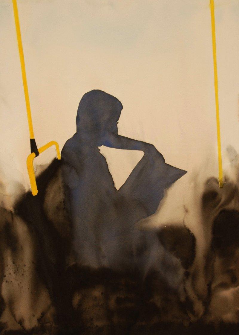 Figurative watercolor painting titled 'Reading book In Bus', 30x22 inches, by artist Manish Sutar on Paper