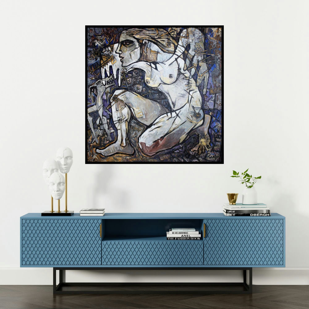 'Ready To Fly (Contemplative Form)' painting by Rupchand Kundu shown on a wall in a furnished room.