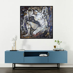 'Ready To Fly (Contemplative Form)' painting by Rupchand Kundu shown on a wall in a furnished room.