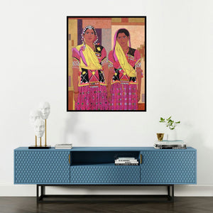 Gopal Nandurkar's 'Ready For The Holi Dance (Tribal Women)' painting visualized above a sofa in a contemporary room.