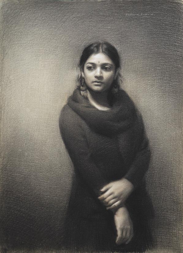 Portrait charcoal painting titled 'Realized', 29x21 inches, by artist Vaibhav Naik on Paper