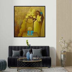 Poonam Agarwal's 'The Realm Beyond' painting visualized above a sofa in a contemporary room.