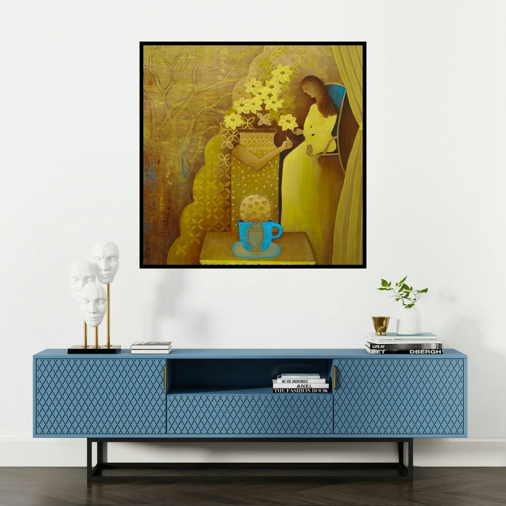 'The Realm Beyond' painting by Poonam Agarwal shown on a wall in a furnished room.