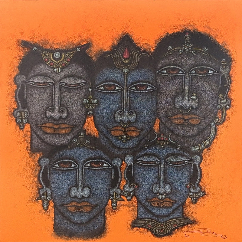 Realm IX' figurative mixed-media painting by artist M Raja, 18x18 inch, on canvas
