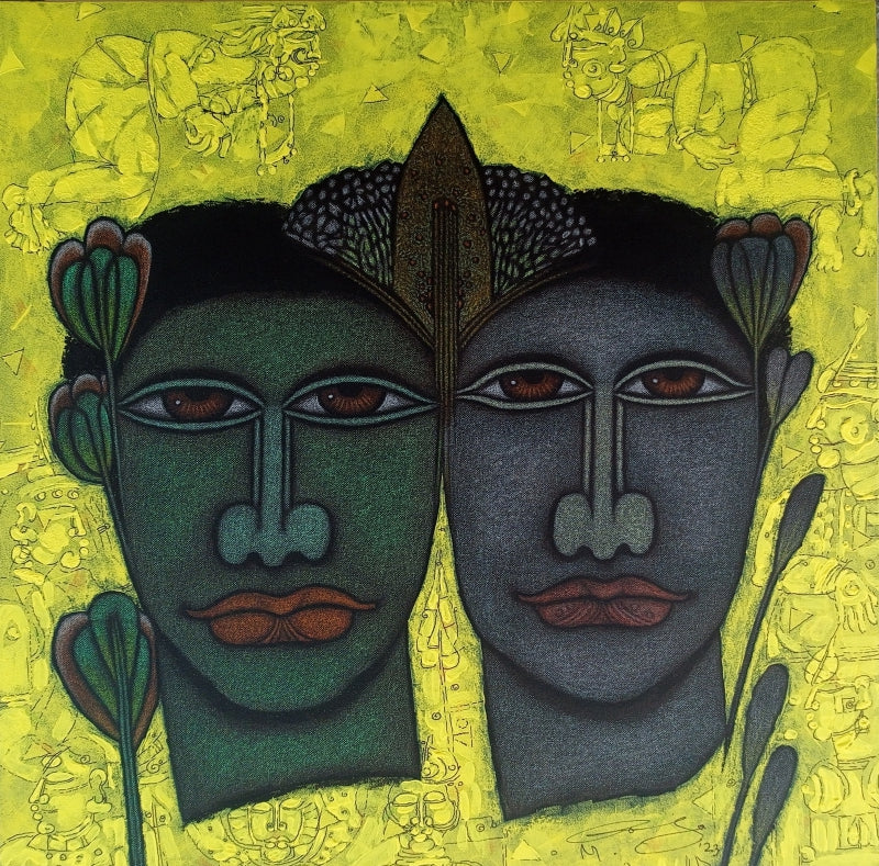 Realm X' figurative mixed-media painting by artist M Raja, 18x18 inch, on canvas