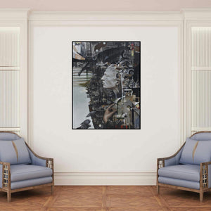 'Reciprocal (Urban Echoes)' painting by Vikram Nayak shown on a wall in a furnished room.