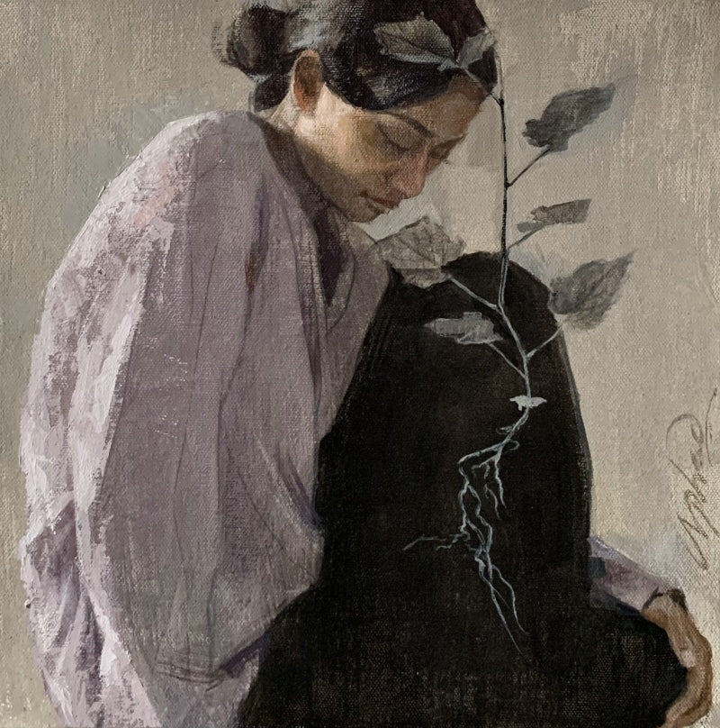 Reclusion 1' figurative acrylic painting by artist Nilisha Phad, 12x12 inch, on canvas