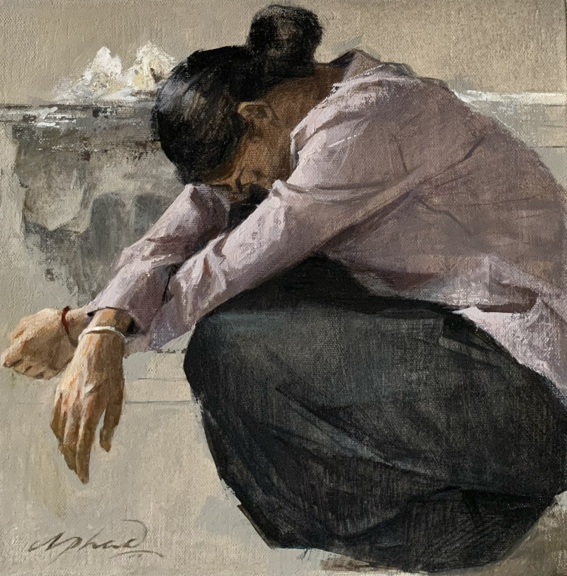 Reclusion 3' figurative acrylic painting by artist Nilisha Phad, 12x12 inch, on canvas