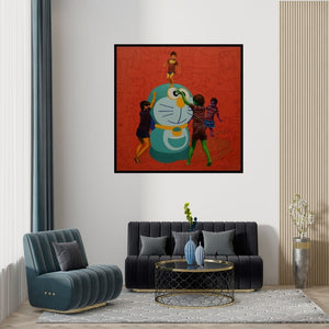 Preview of 'Recreating Childhood' Painting by Jitendra Saini shown on a wall in a furnished room.