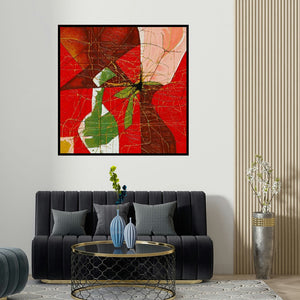 Santanu Dhar's 'Red Abstract' painting visualized above a sofa in a contemporary room.