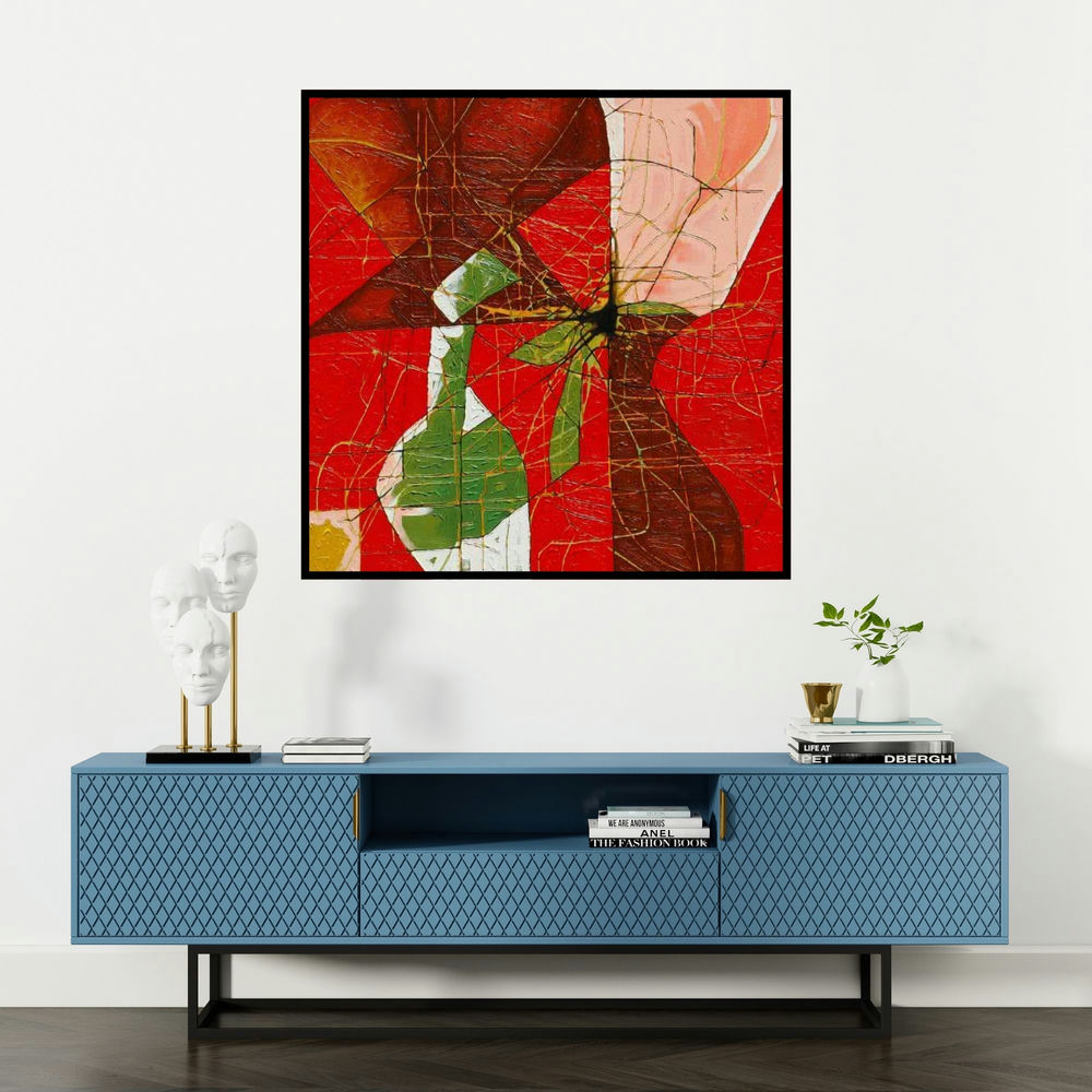 'Red Abstract' painting by Santanu Dhar shown on a wall in a furnished room.