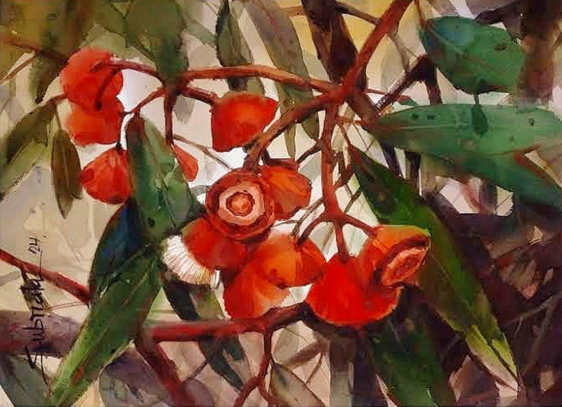 'Red Blooms' nature watercolor painting by artist Subrata Malakar, 22x30 inch, on paper