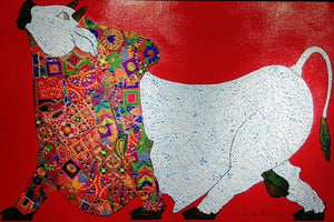 Animals mixed media painting titled 'Red Bull', 24x36 inches, by artist Sreekanth Kurva on Canvas