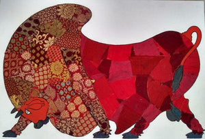 Animals mixed media painting titled 'Red Bull Banarasi Silk', 24x36 inches, by artist Sreekanth Kurva on Canvas