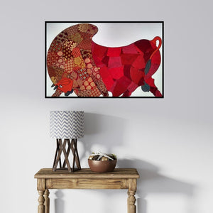 In-situ view of Sreekanth Kurva's 'Red Bull Banarasi Silk (Textured Strength)' painting in a room