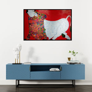 Preview of 'Red Bull (The Majestic Beast)' Painting by Sreekanth Kurva shown on a wall in a furnished room.