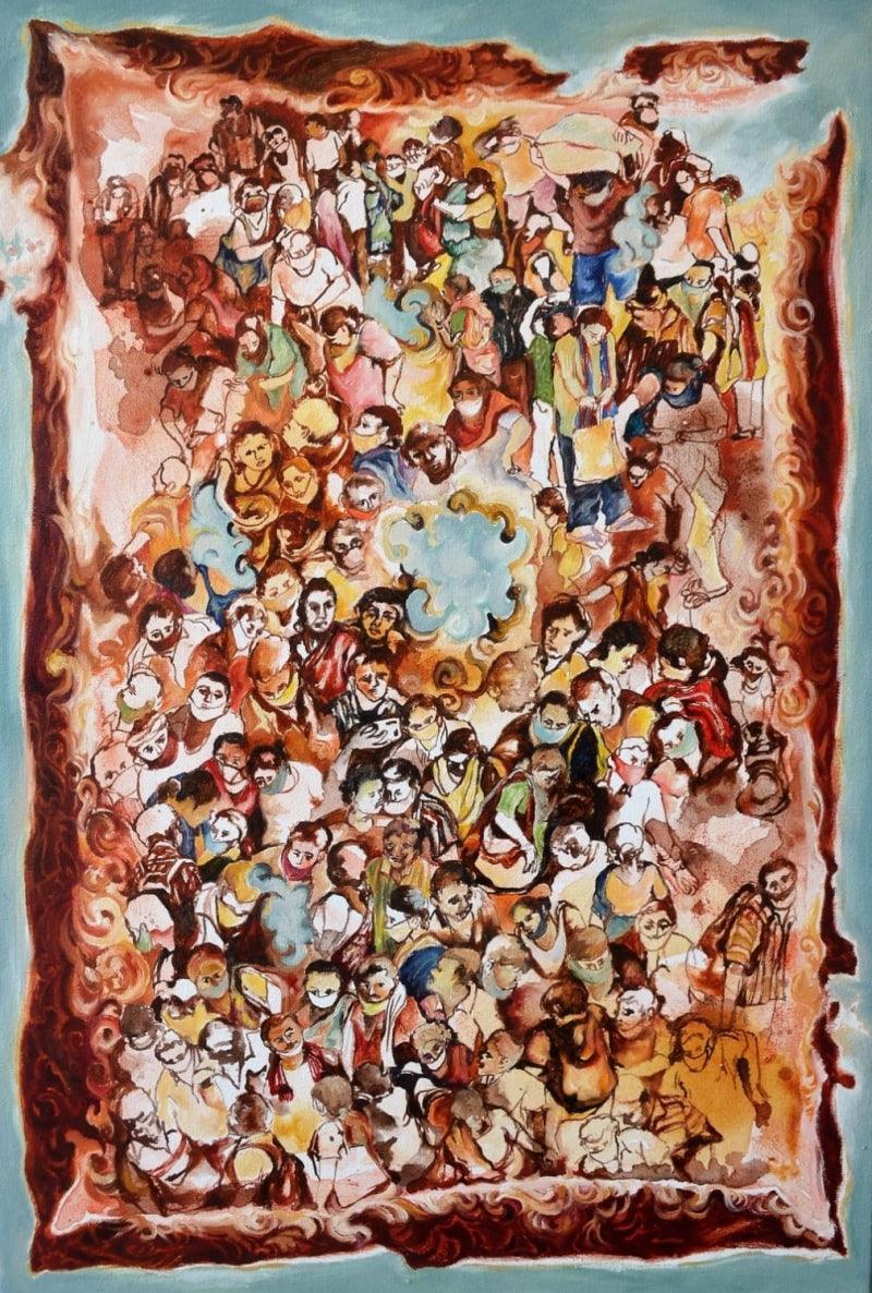 Figurative oil painting titled 'Red Carpet', 30x20 inches, by artist Raka Panda on Canvas