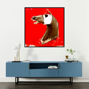 'The Red Charge' painting by Aditya Shirke shown on a wall in a furnished room.