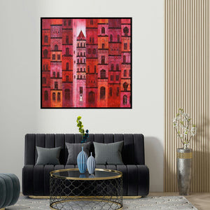 Suresh Gulage's 'Red City (Lost in the City)' painting visualized above a sofa in a contemporary room.
