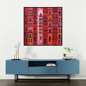 'Red City (Lost in the City)' painting by Suresh Gulage shown on a wall in a furnished room.
