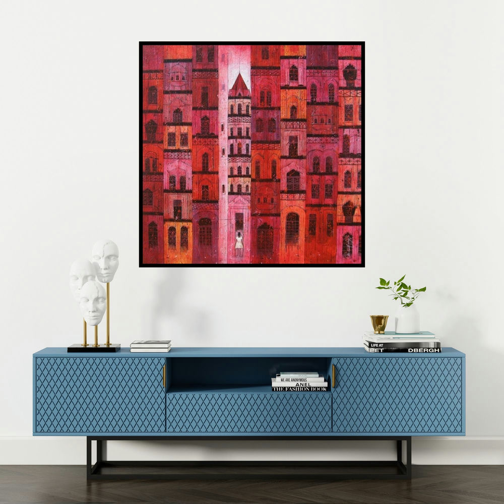 'Red City (Lost in the City)' painting by Suresh Gulage shown on a wall in a furnished room.
